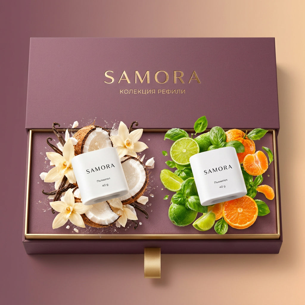 SAMORA Колекция пълнители — 2 аромата Coconut+Vanilla/Lime+Basil+Mandarin